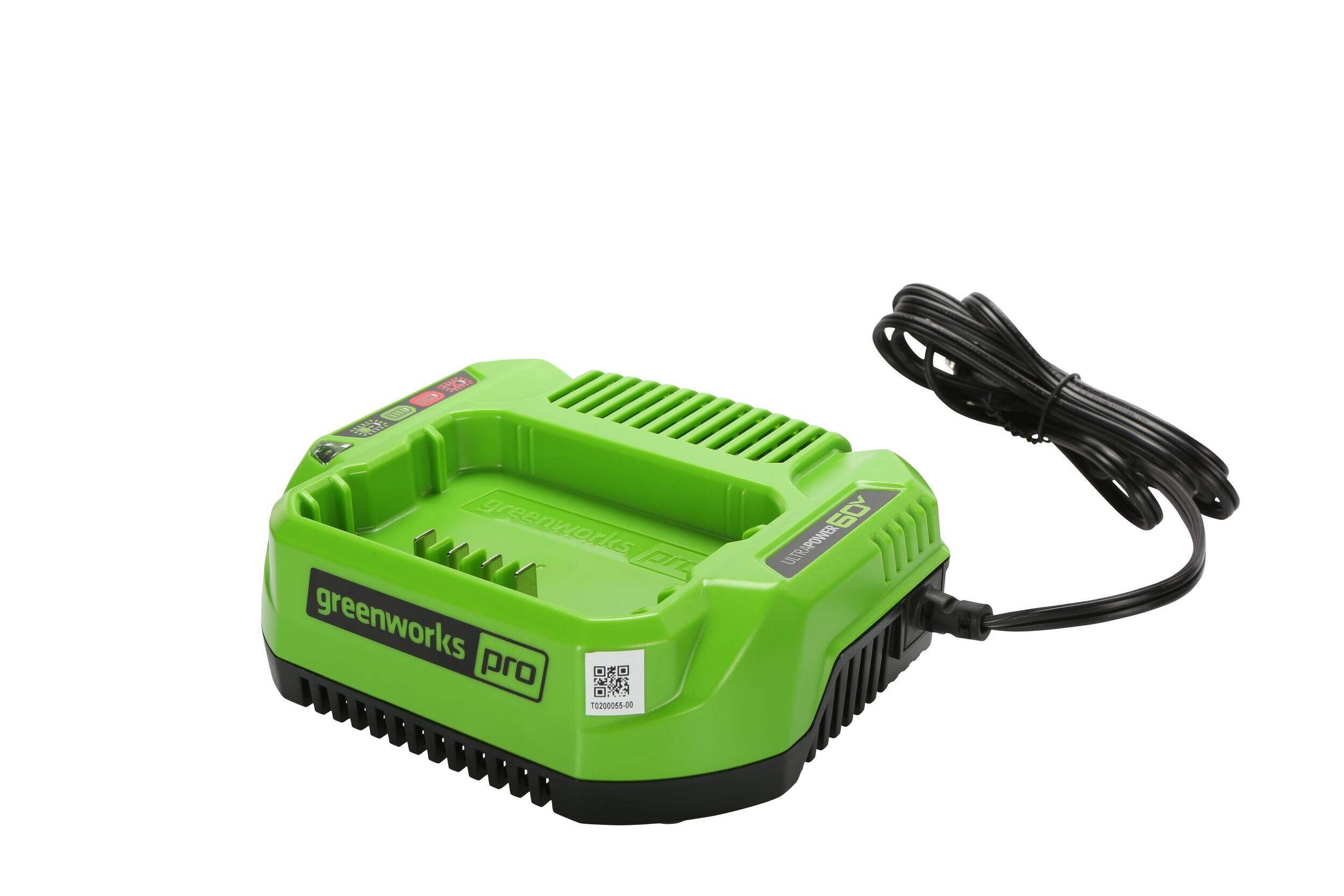 Greenworks PRO 60V 3A Flat Charger CAC801 Front_Three_Fourths_Angled_Left