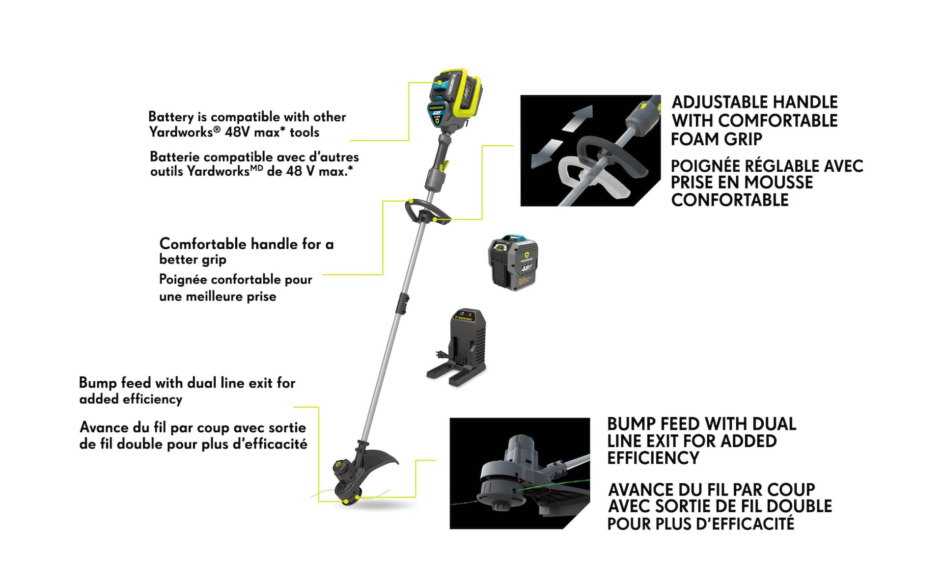 Yardworks 48 V Grass Trimmer Edger 2Ah Battery 13 in