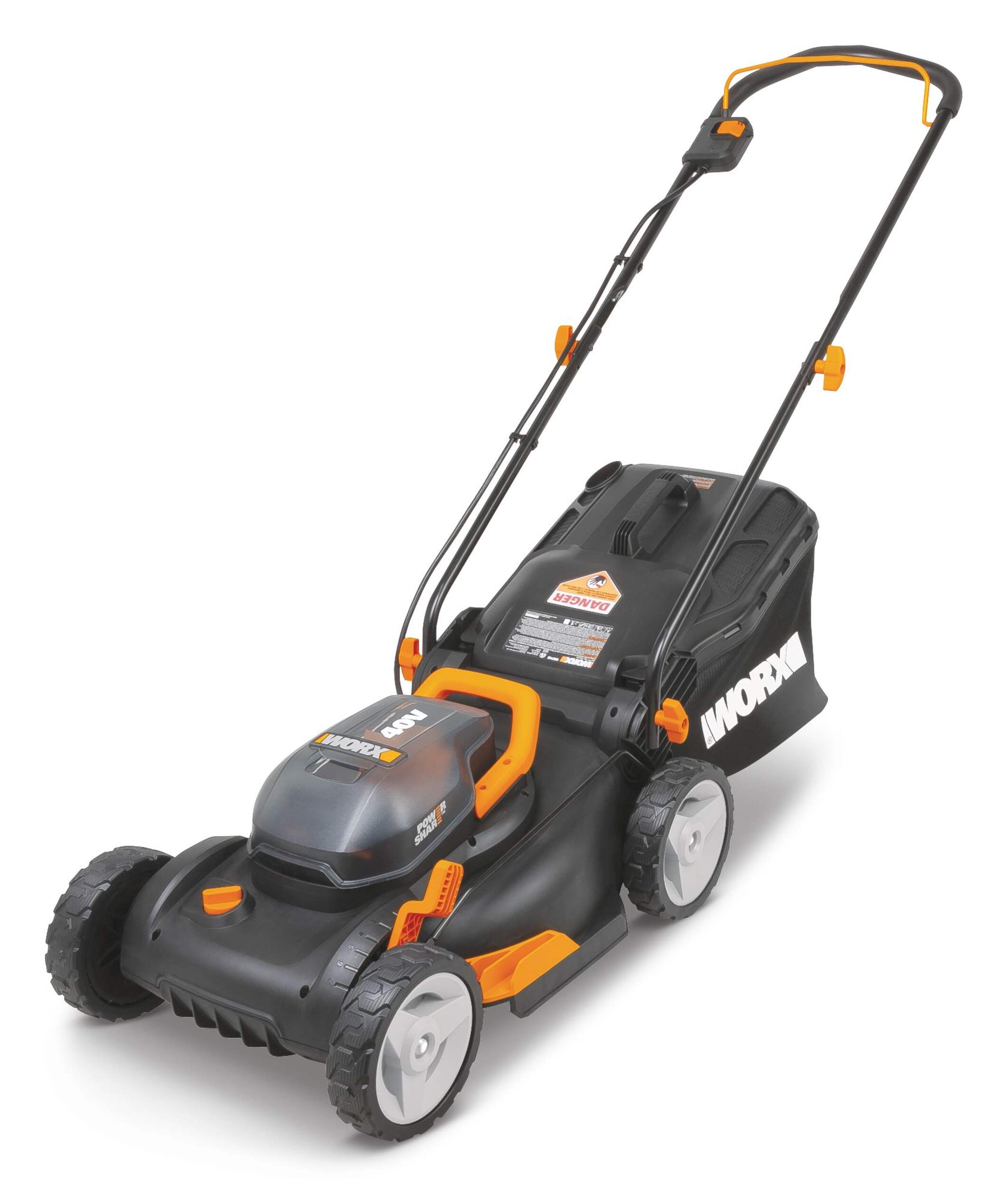 WORX 2-in-1 2x20V 4Ah Battery Cordless Brushed Walk Behind Push Lawn Mower, 17-in Front_Three_Fourths_Angled_Left