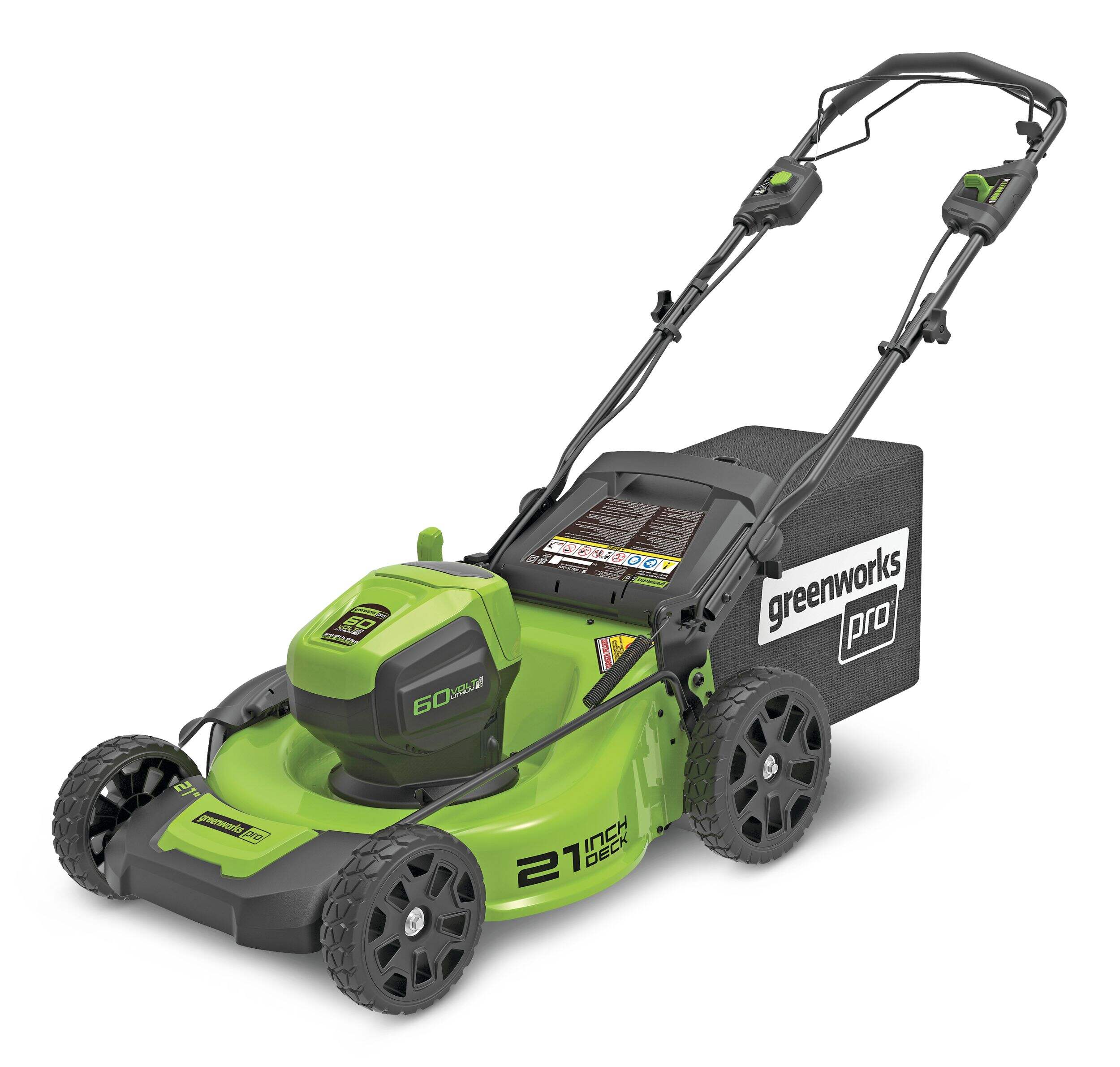 Greenworks 3-in-1, 60V 5Ah Battery, Cordless Brushless Self-Propelled Lawn Mower, 21-in Front_Three_Fourths_Angled_Left