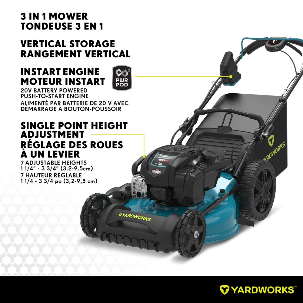 Tondeuse essence 163 cm3 EZSteer Briggs & Stratton Yardworks. Démarrage de batterie PWR POD