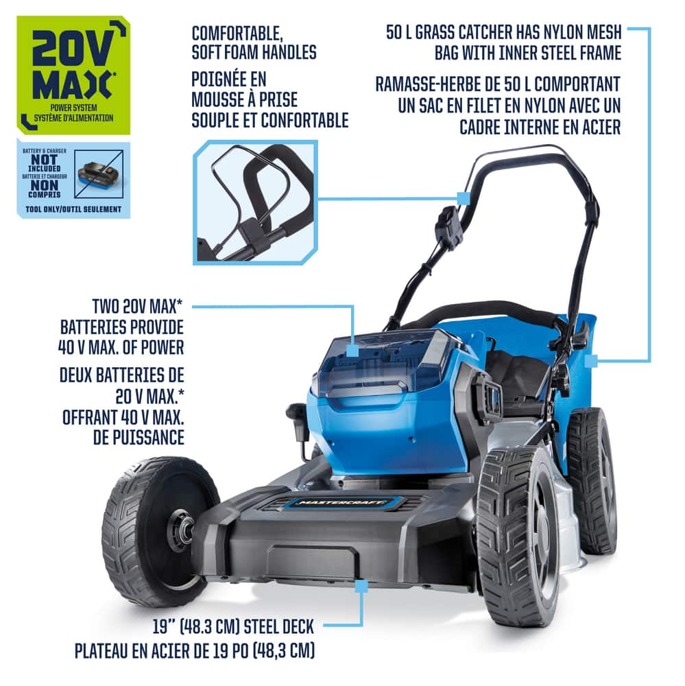 Mastercraft 2x20V Brushless Lawn Mower, 19in, Tool Only, PWR POD