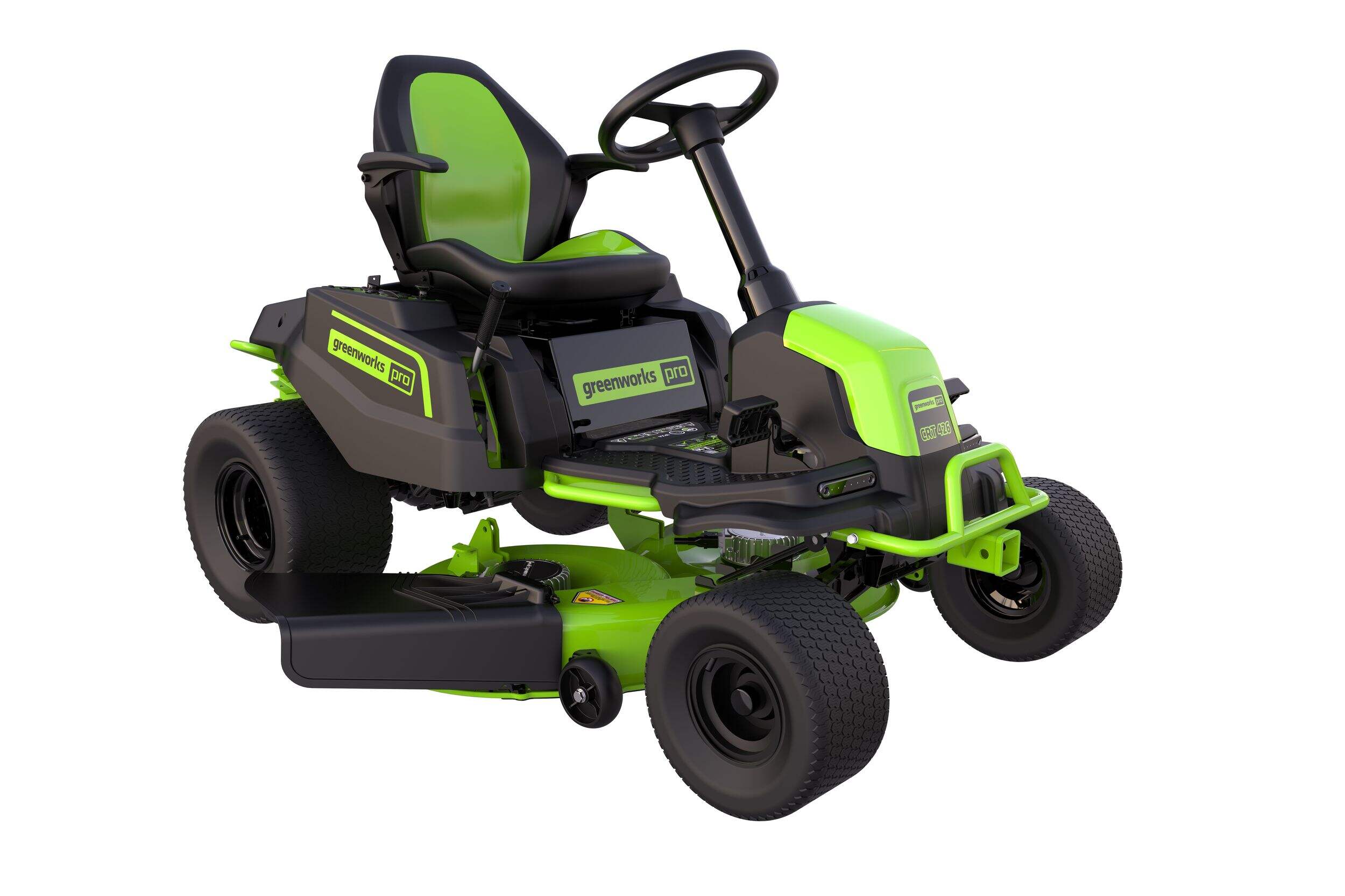 Greenworks PRO 60V Crossover Electric Riding Lawn Mower with (6) 8.0Ah Batteries and (3) Dual Port Turbo Chargers, 42-in Front_Three_Fourths_Angled_Right