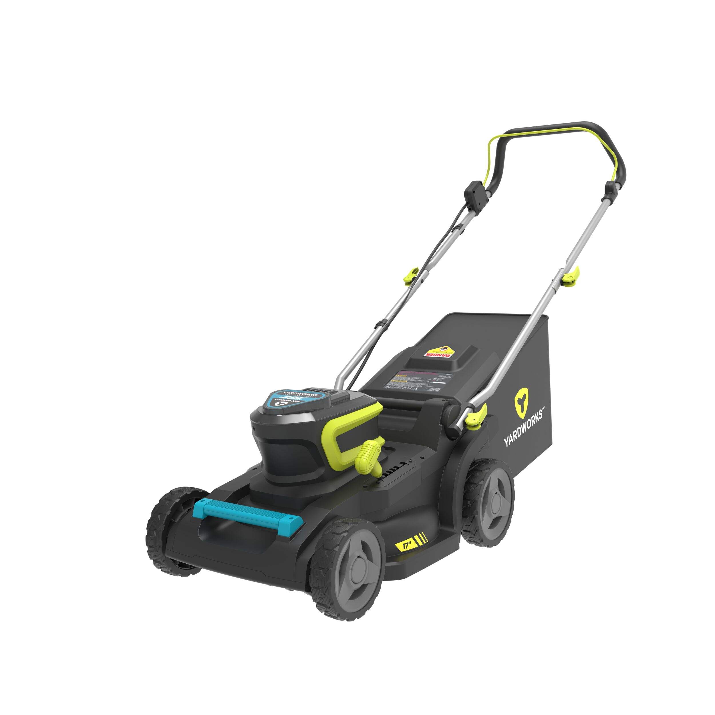 Yardworks 48V 2-in-1 Brushless Push Lawn Mower, 17-in with 4Ah Battery & Charger Front_Three_Fourths_Angled_Left