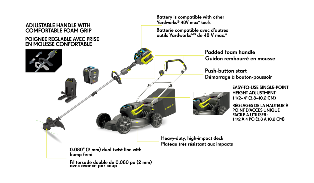 Yardworks 2in1 48V 4Ah Battery, Cordless Push Lawn Mower + Grass