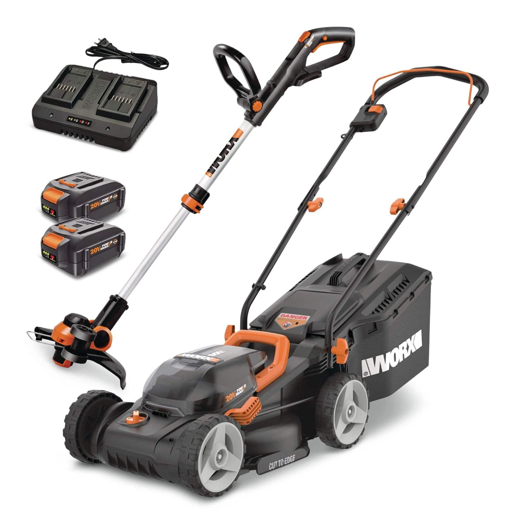 Worx WG934 Power Share 2x20V 2 in 1 Combo Kit WG779 40V Cordless Mower 14 in WG163.9 20V Cordless Grass Trimmer Edger 12 in Canadian Tire