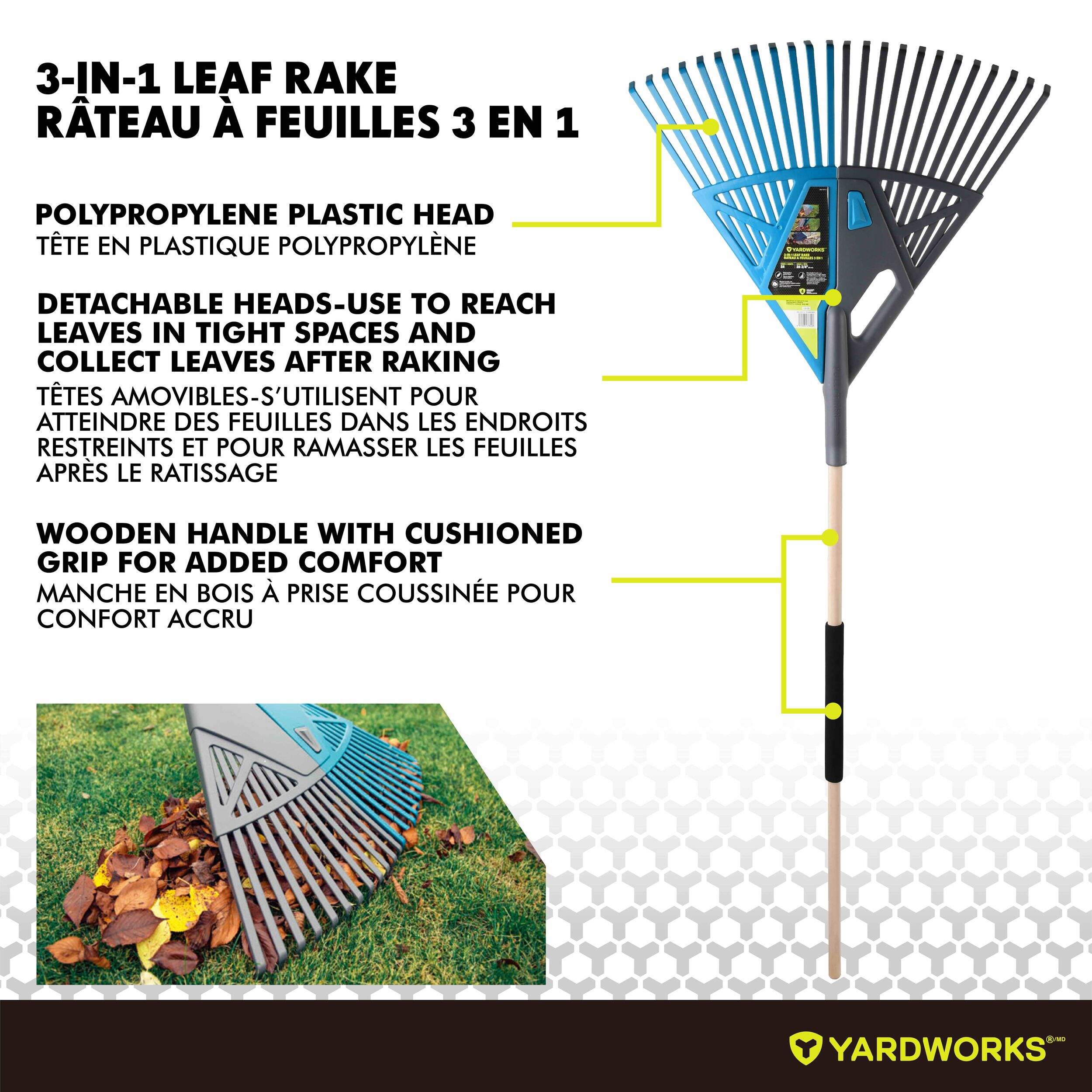 Yardworks 24-in Wide 3-in-1 Poly 24-Tine Leaf Rake, 47-in Wooden Shaft ...