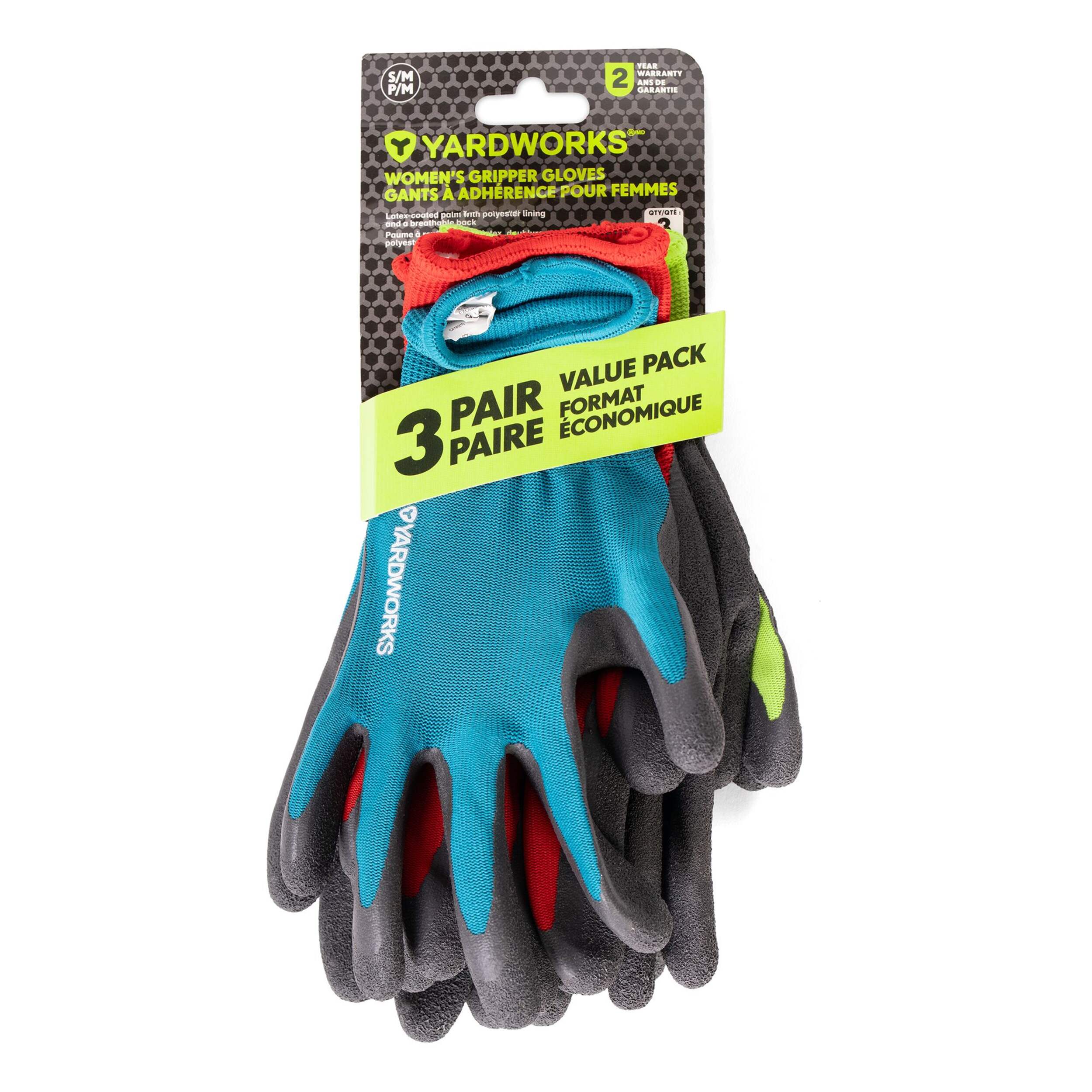Yardworks Latex Coated Gripper Gardening Gloves, Small/Medium, Assorted Colours, 3-pk Front_Flat