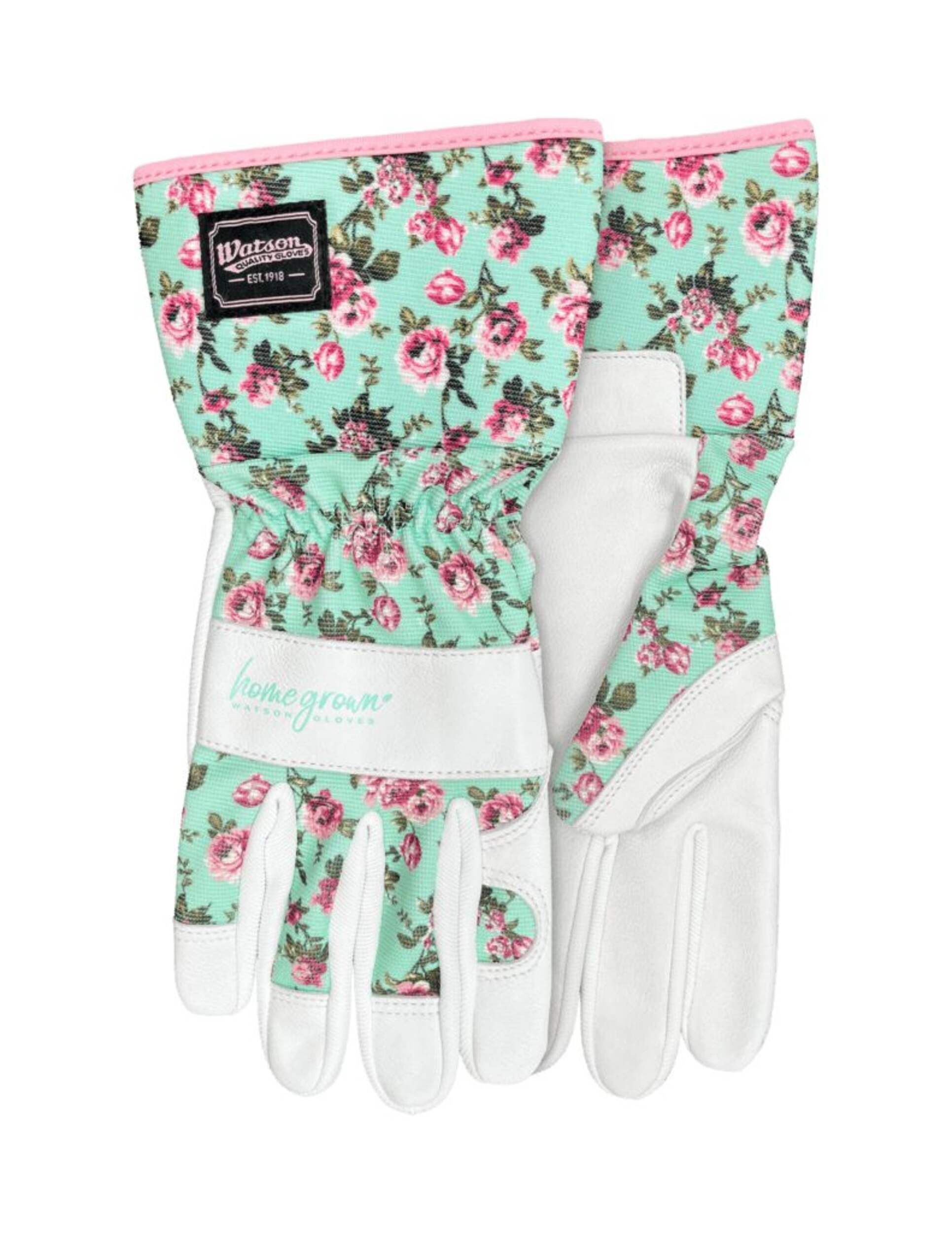 Watson Ladies You Grow Girl Water Resistant Leather Work Gloves, Floral, White, M Front_Flat