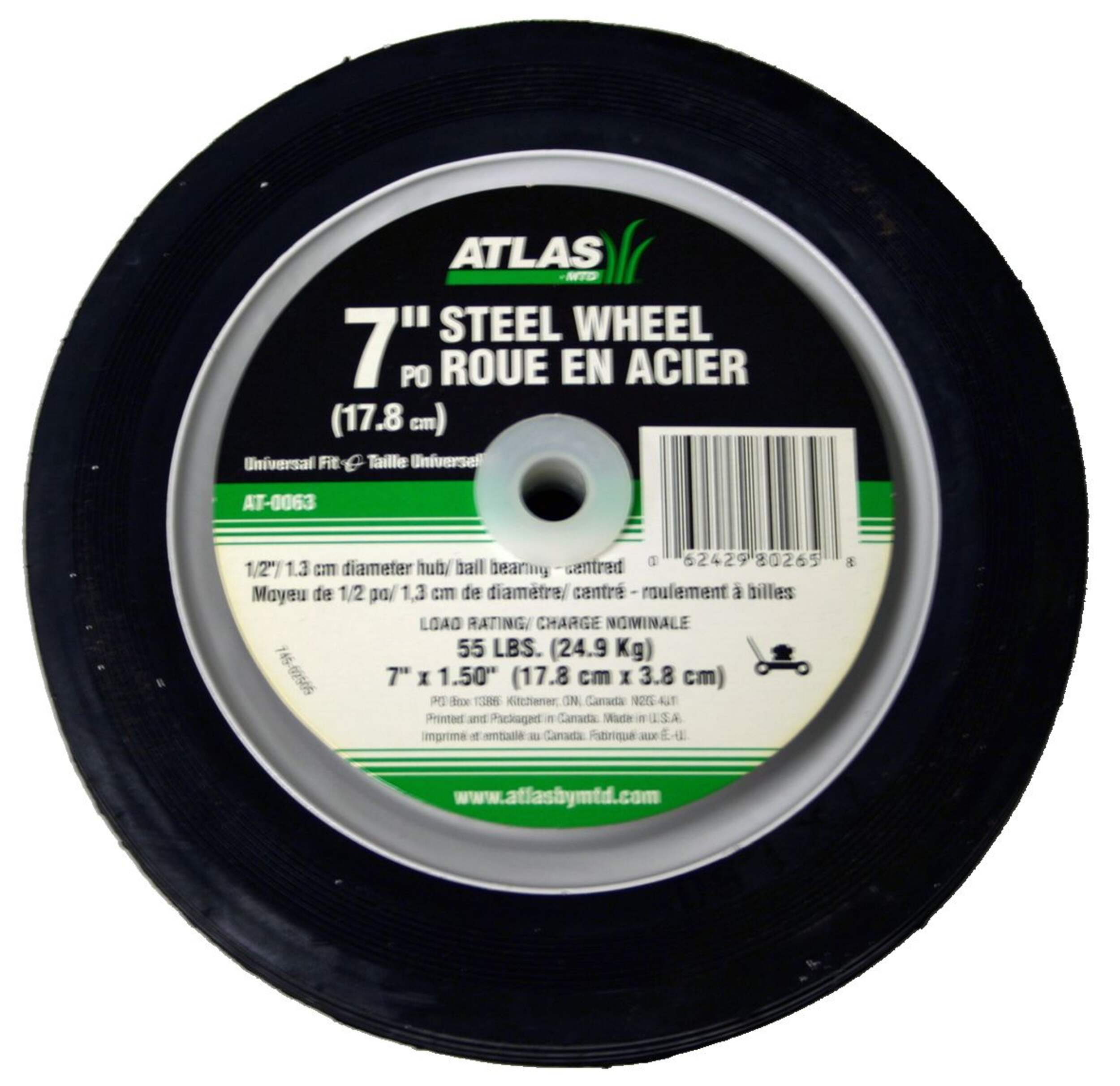 Atlas Steel Lawn Mower Wheel with Ball Bearings, 7-in x 1.5-in Overhead_Plunge