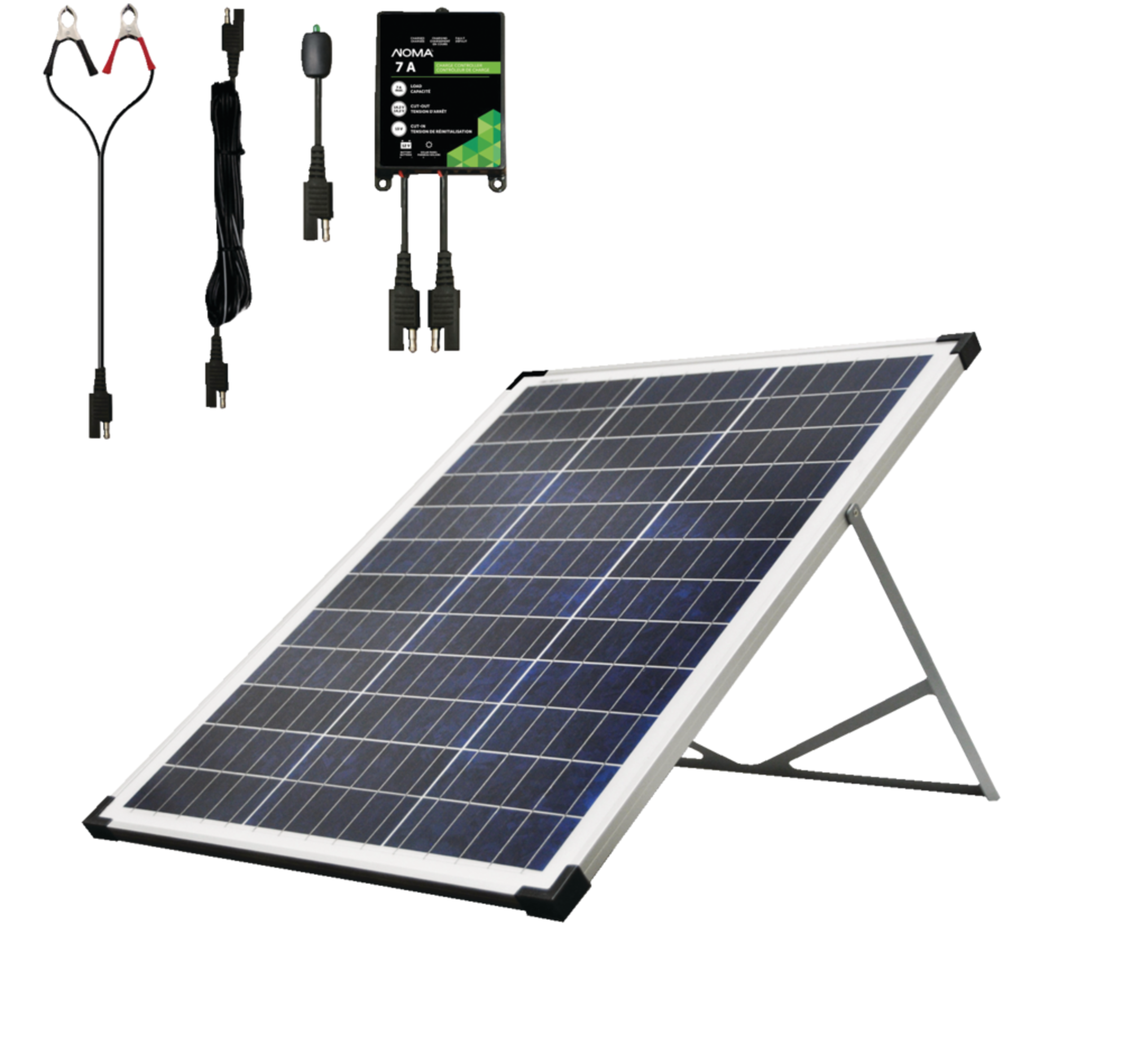 Ensemble de panneau solaire cristallin 50 W 12 V NOMA avec support et contrôleur de charge Front_Angled_Left