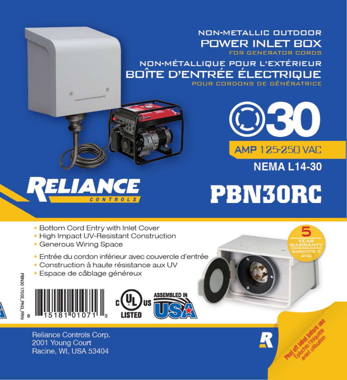 Reliance Controls Boîte dentrée électrique non-métallique pour l'extérieur  - 50 A - PBN50