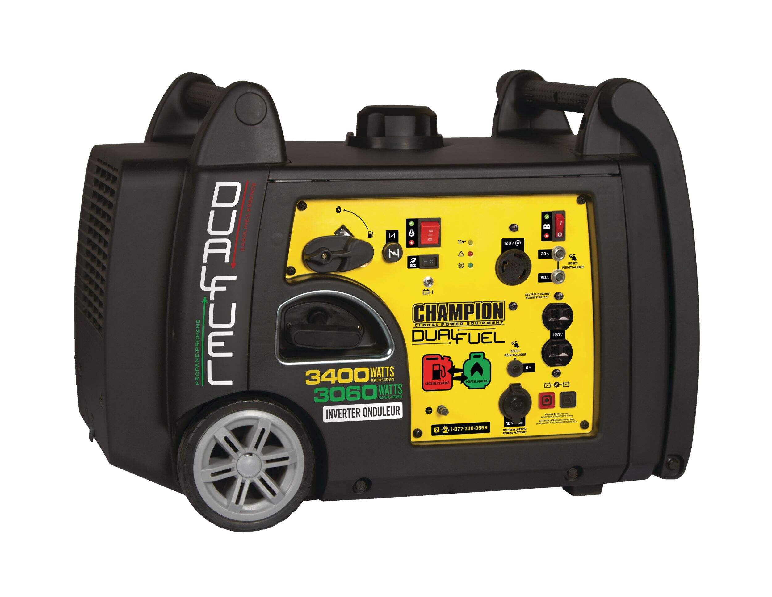 Champion 3060/3400 Watt Dual Fuel Inverter Portable Generator with Electric Start, RV Ready Front_Angled_Right