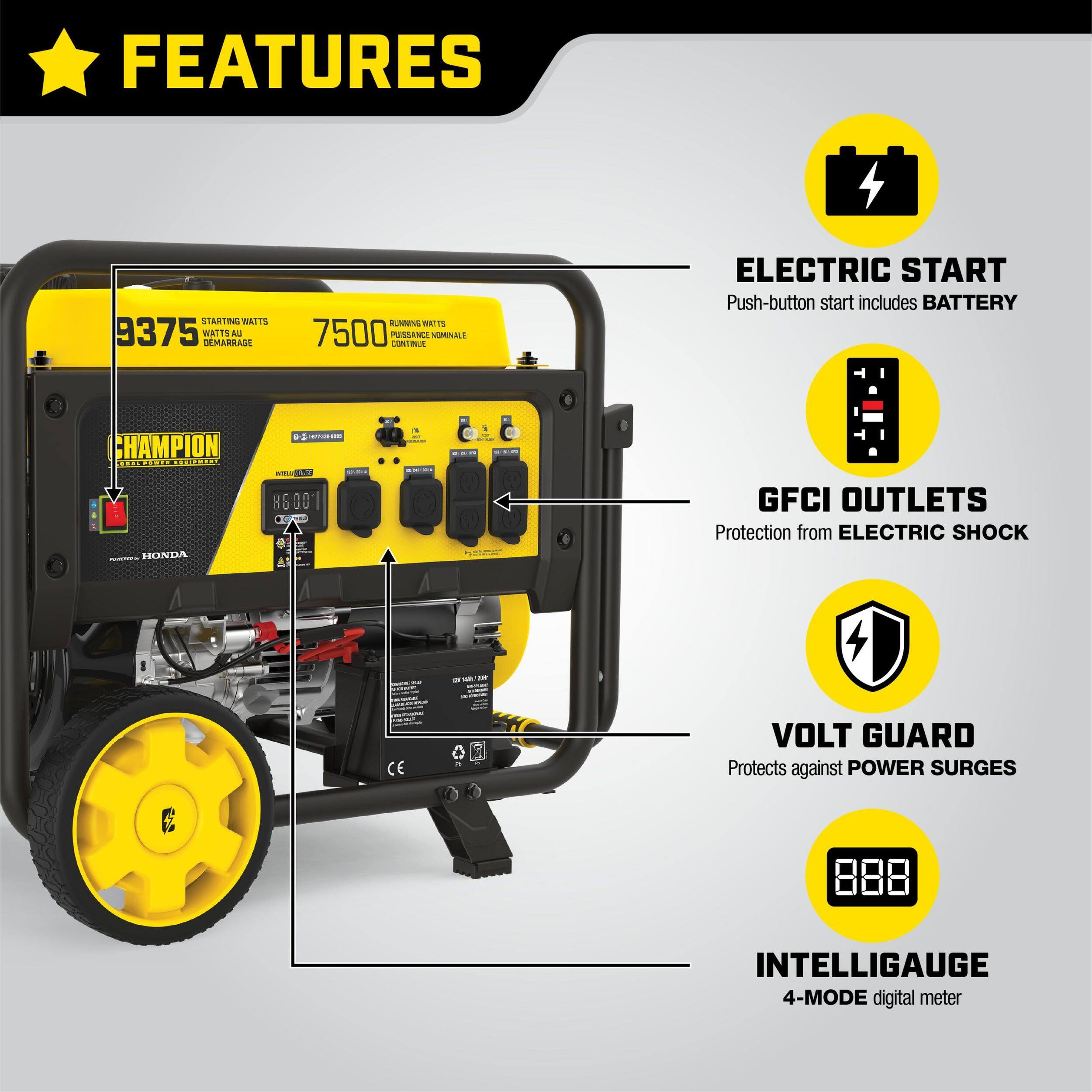 Champion 7500W/9375W Portable Generator With Honda Engine & CO Shield ...