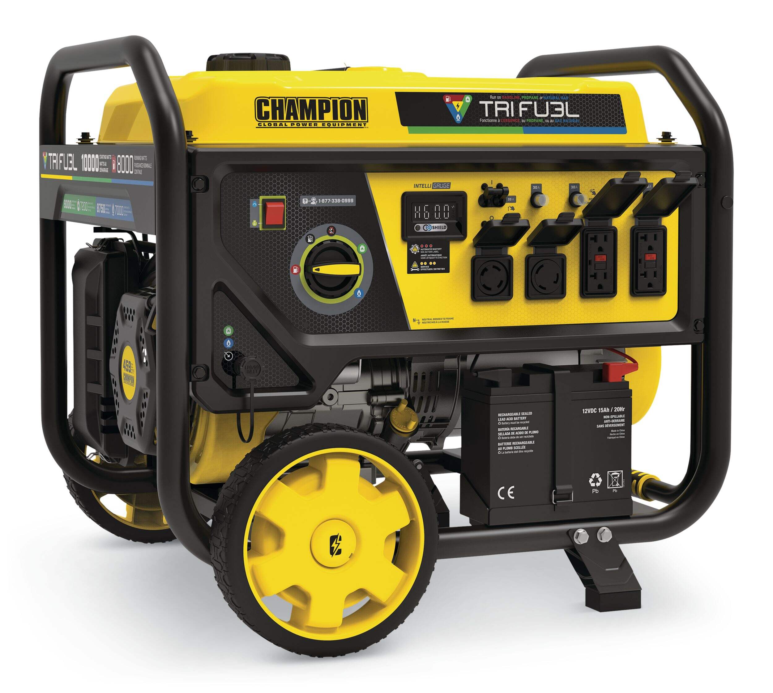 Génératrice à 3 carburants 8 000/10 000 W Champion avec la technologie CO Shield Front_Angled_Right