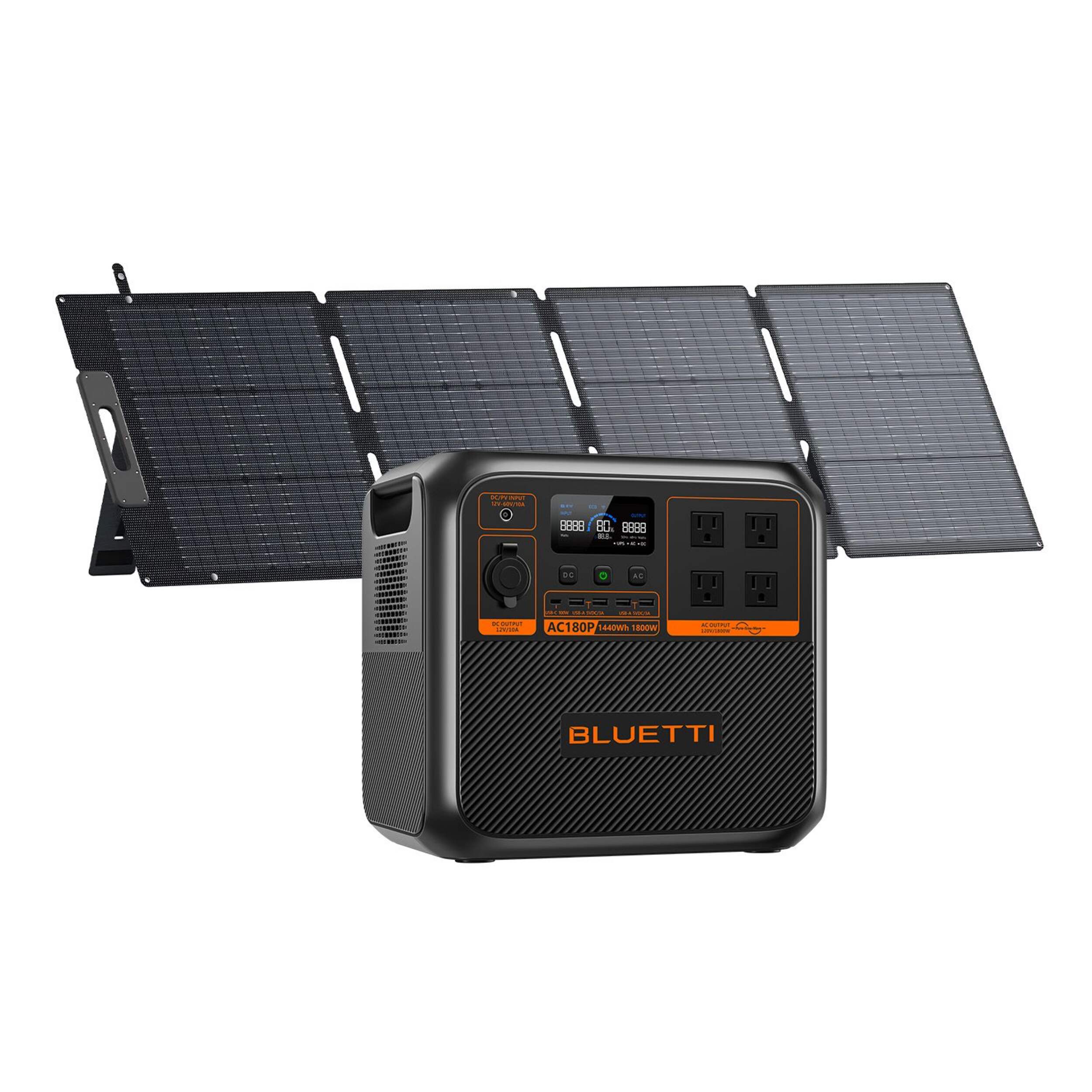Bluetti AC180P 1800/2700W 1440Wh Portable Power Station with PV200 200W Solar Panel Bundle Front_Angled_Right