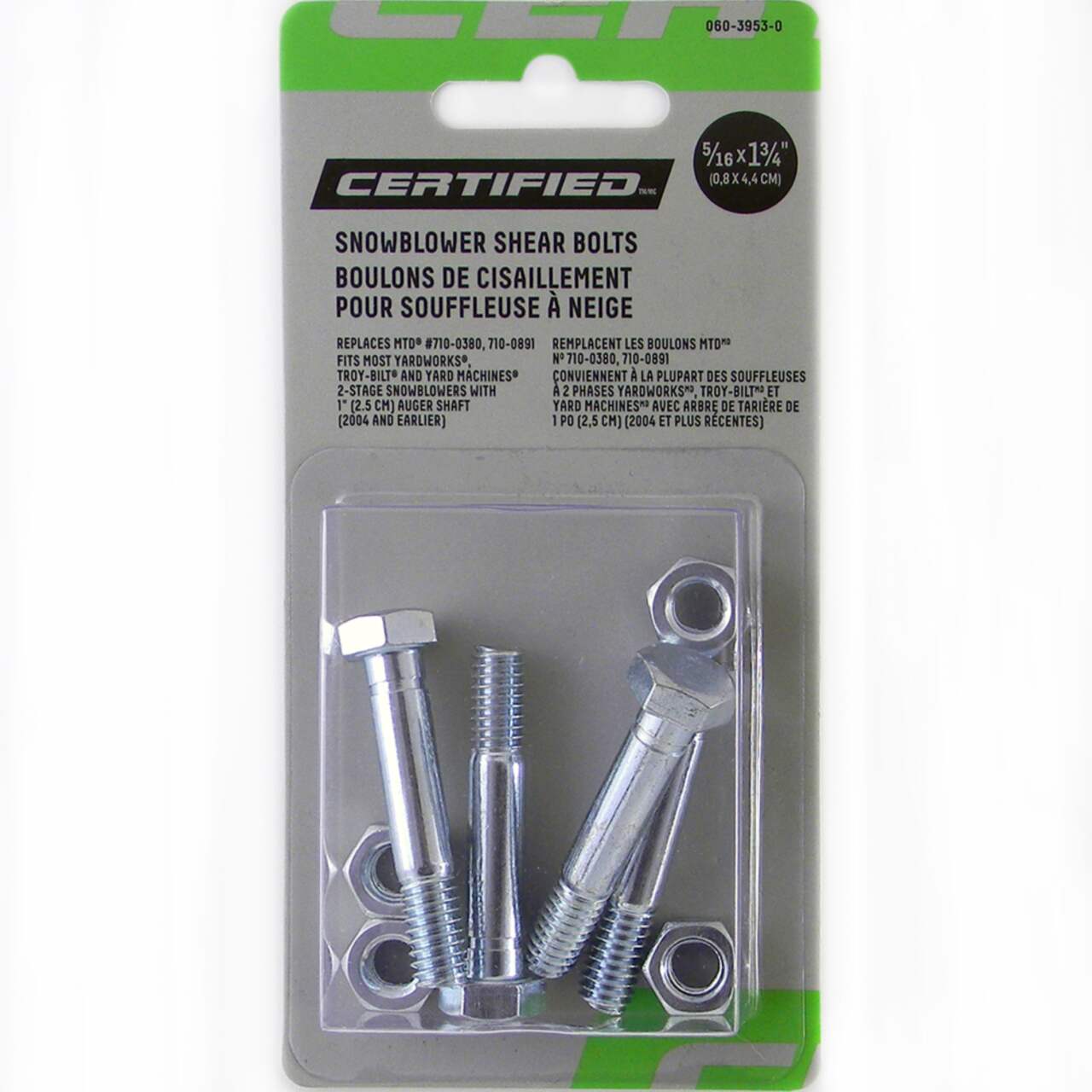 Certified Snowblower Replacement Shear Pins, 4 Pk. Incl. cotter Pins, 1/4 x  1.75-in