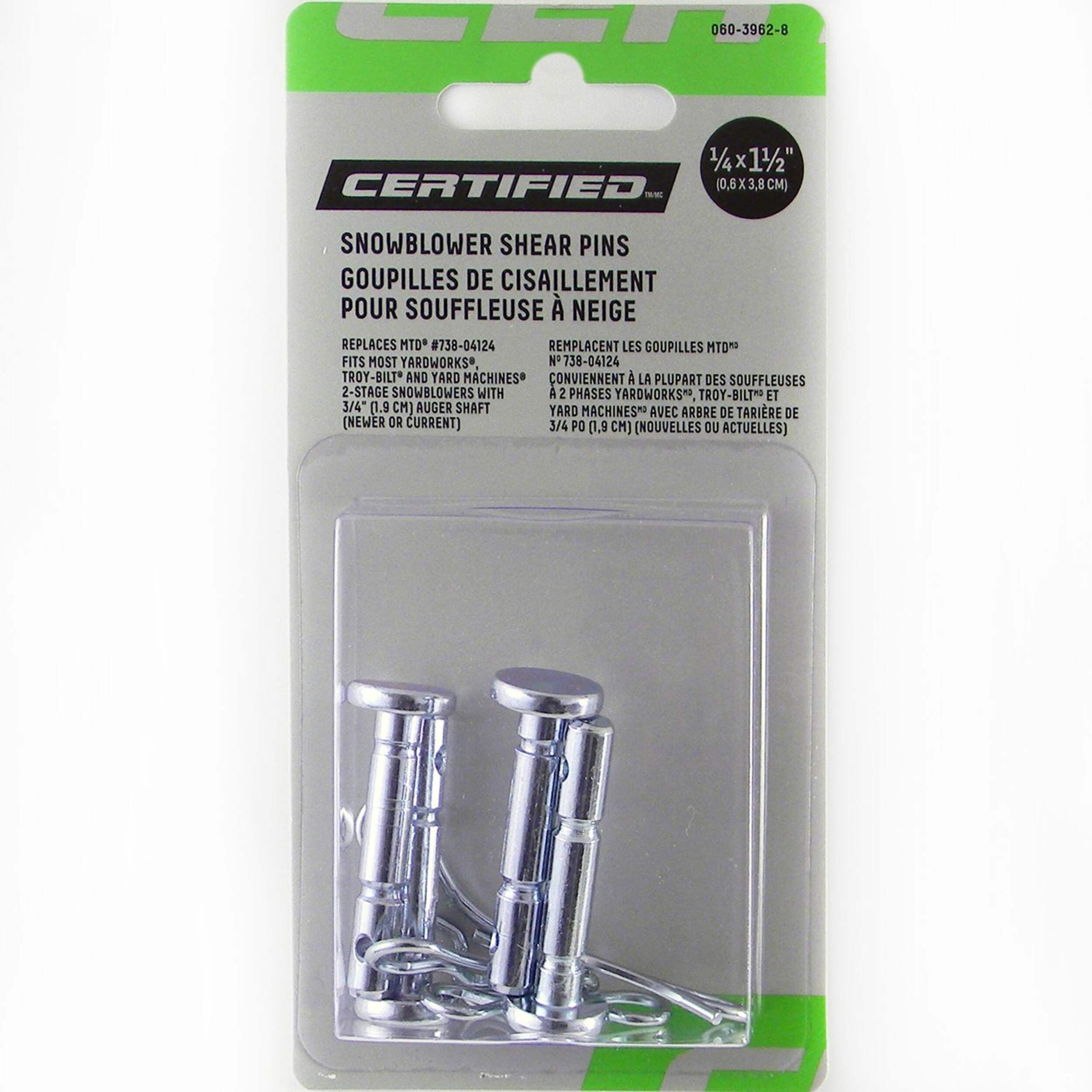 Certified Replacement Shear Pins, Incl. Cotter Pins, 1/4 x 1.5in, 4pk