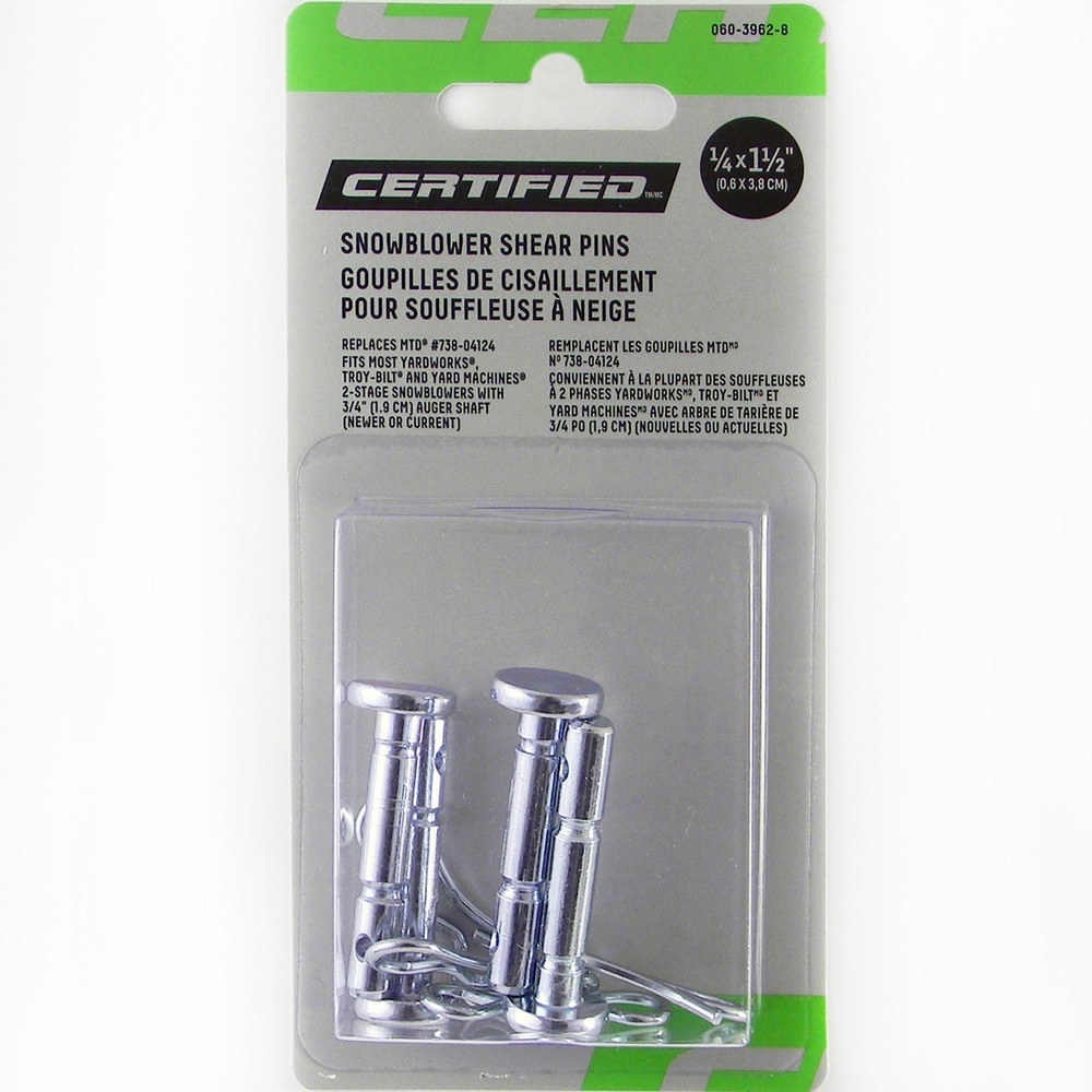 Certified Replacement Shear Pins, Incl. Cotter Pins, 1/4 x 1.5in, 4pk