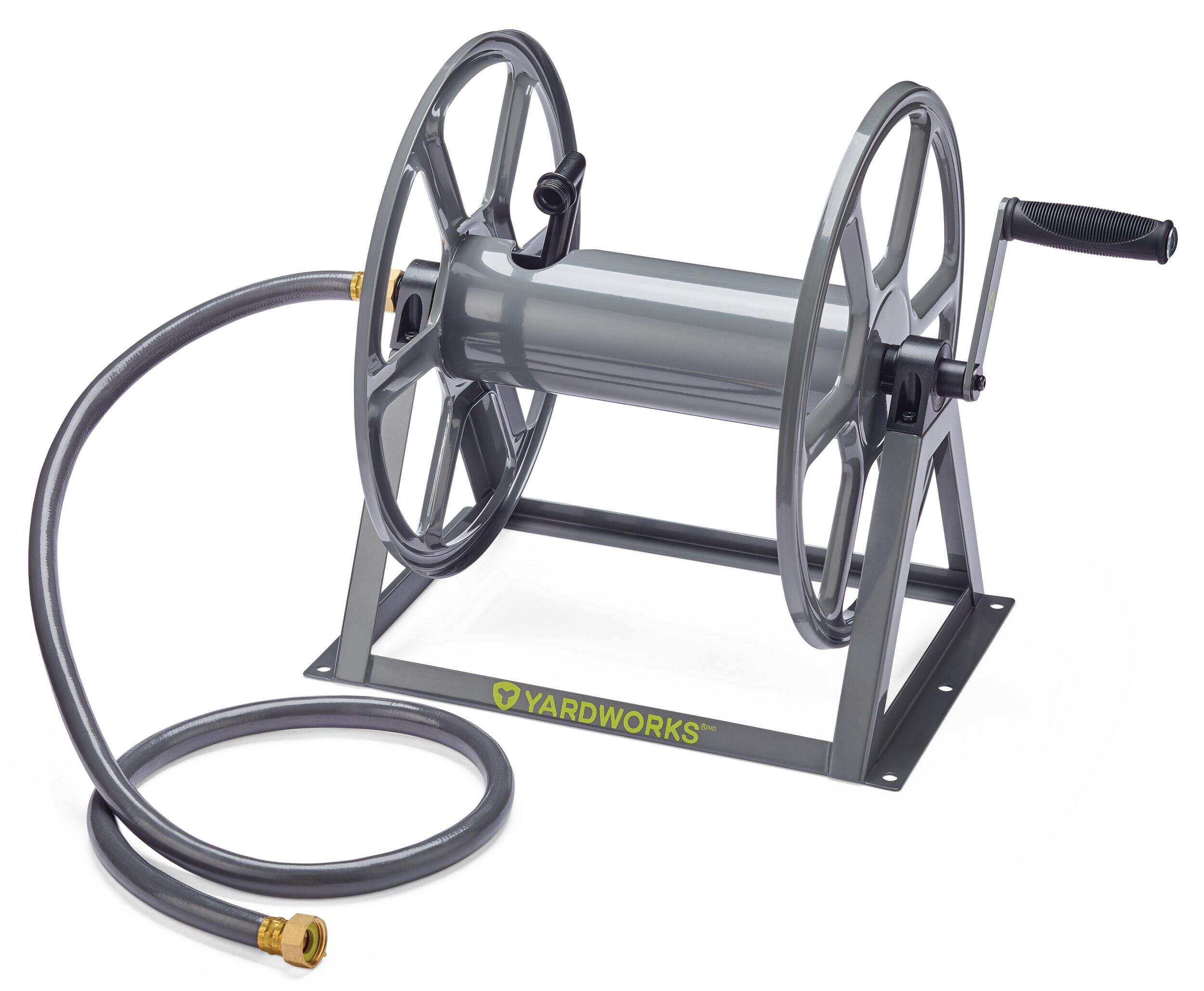 Yardworks Floor-to-Wall Mount Steel Garden Hose Reel Cart with Leader Hose, 125-ft Front_Three_Fourths_Angled_Left