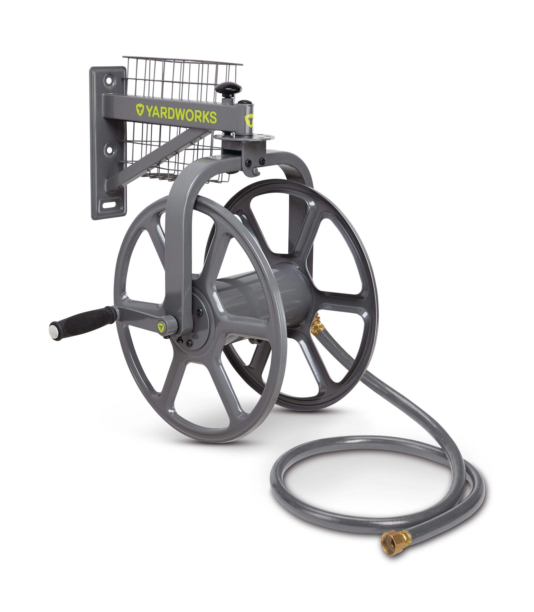 Dévidoir pivotant à 360° en acier avec tuyau de 5 pi Yardworks, 125 pi Front_Three_Fourths_Angled_Right