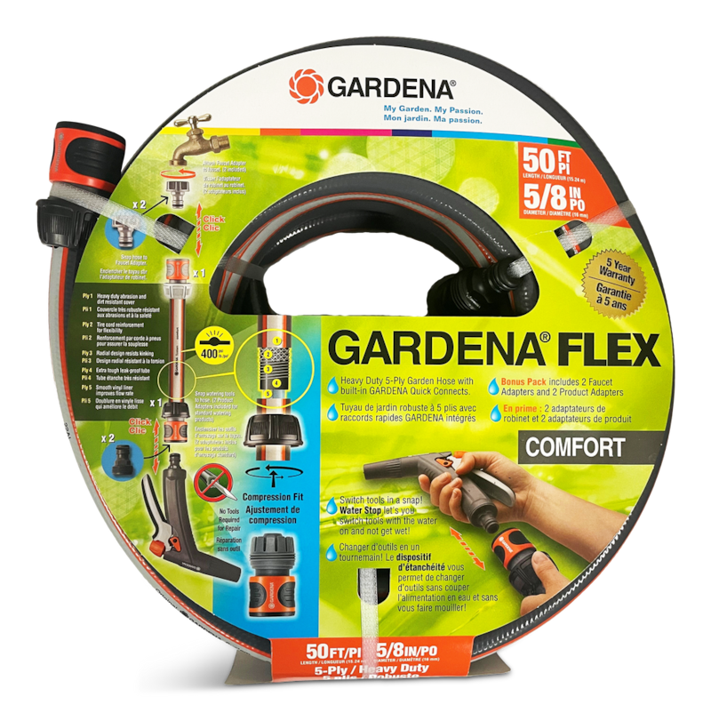 Tuyau d’arrosage robuste à 5 épaisseurs flexibles Gardena avec raccords
