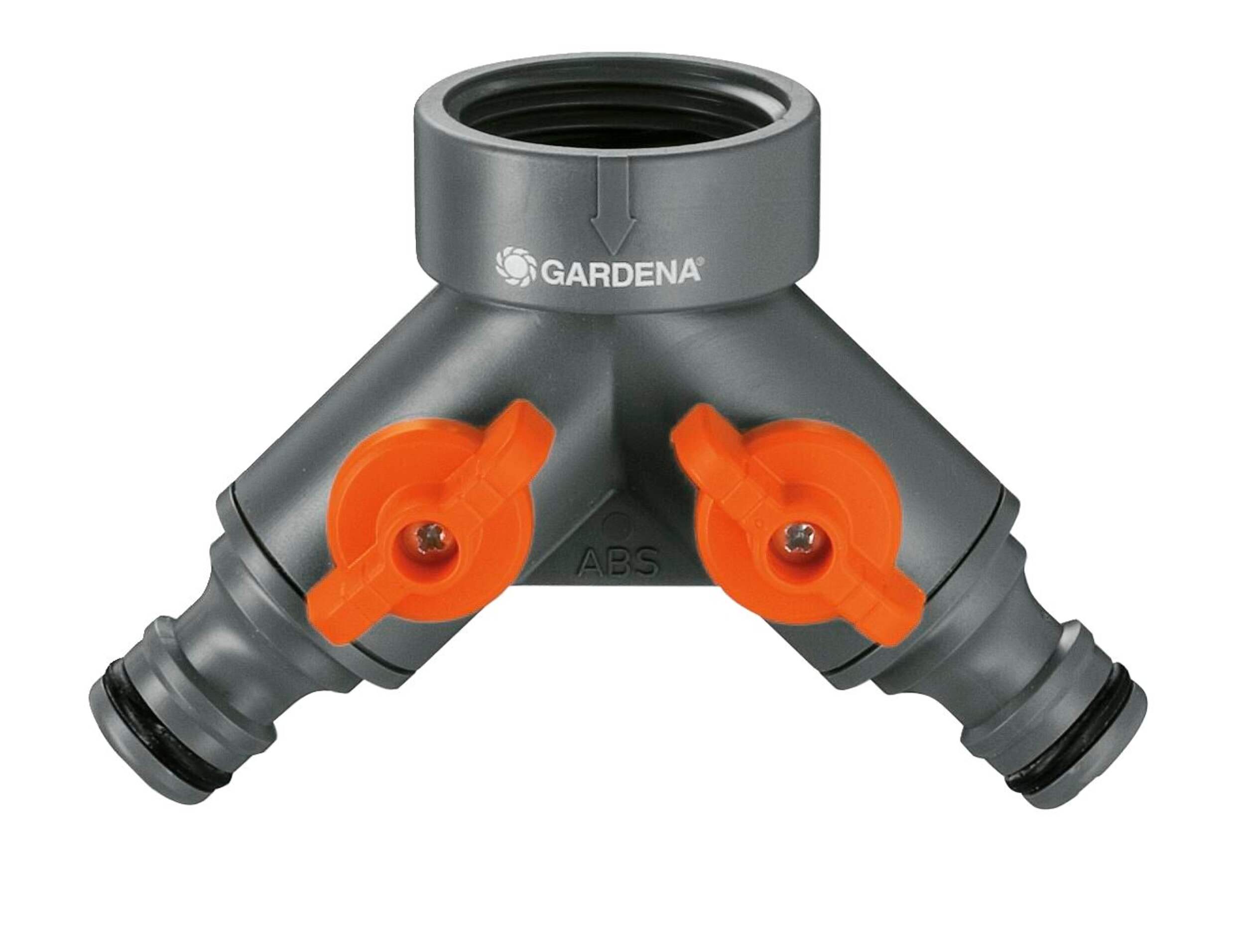 Gardena Plastic Twin Tap Connector with Shut-Off Valves Front_Elevated