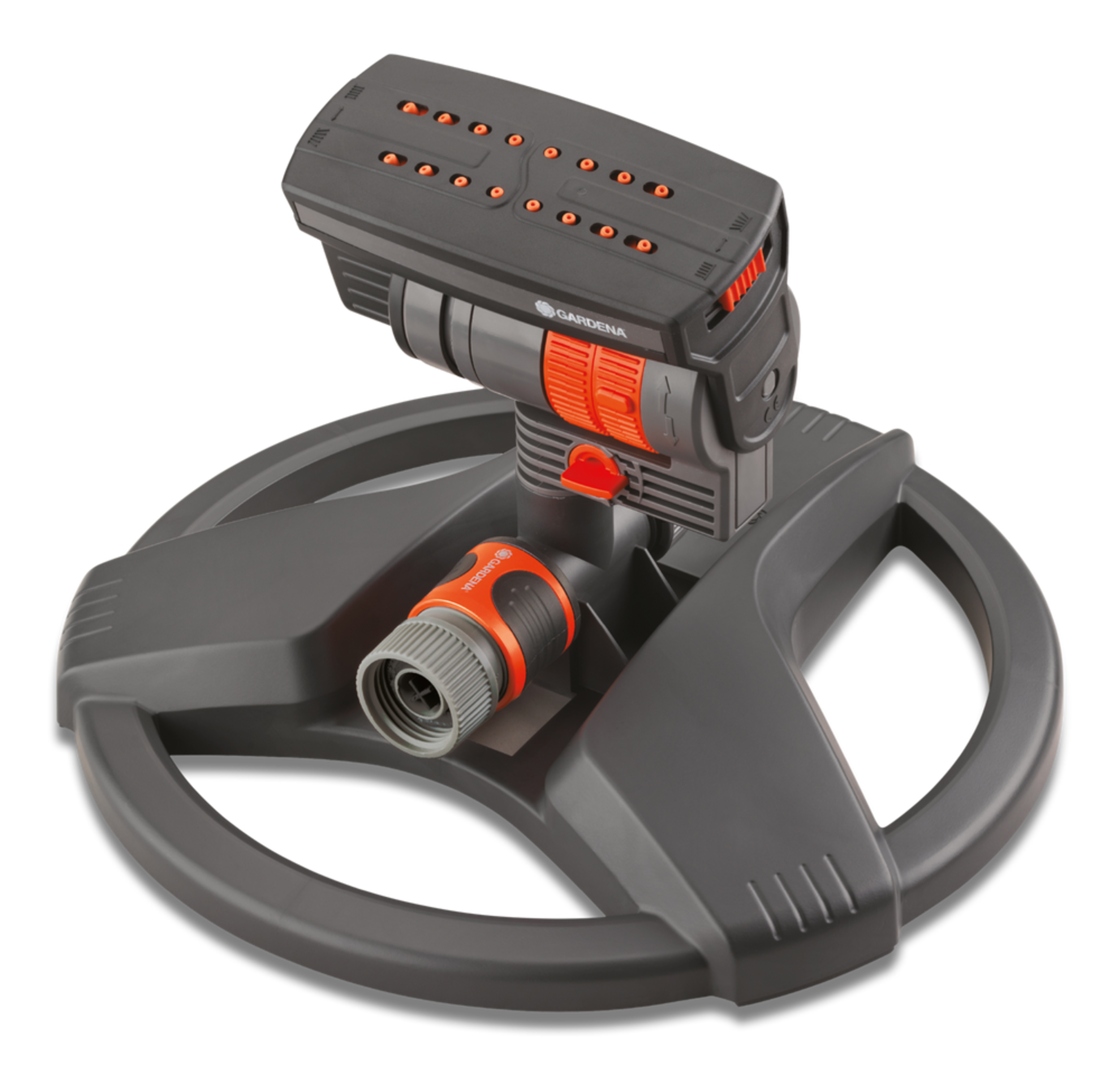 Gardena ZoomMaxx Oscillating Sprinkler with Weighted Circular Base, 2300 sq.ft. Front_Three_Fourths_Angled_Left