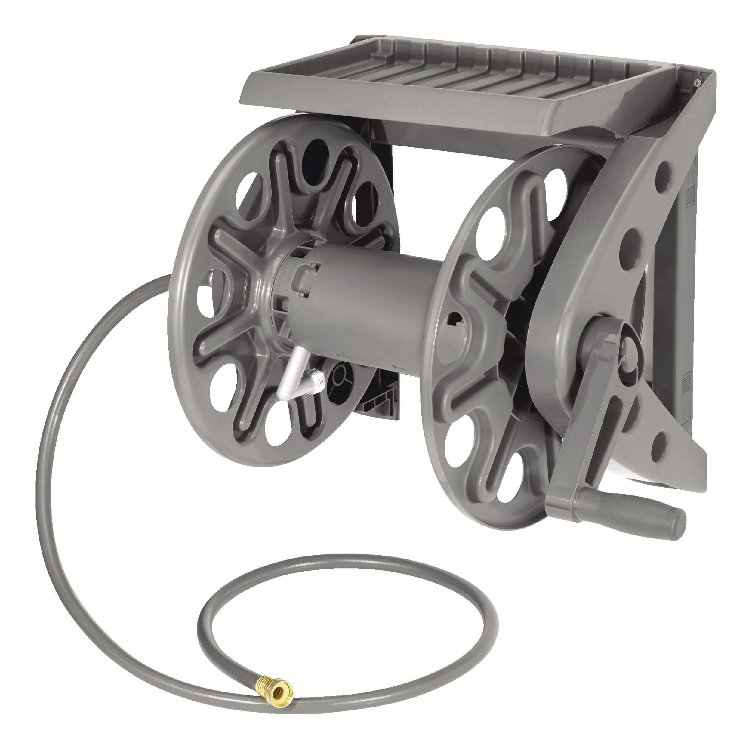Yardworks Wall Mount Garden Hose Reel with Shelf & Leader Hose, 225ft
