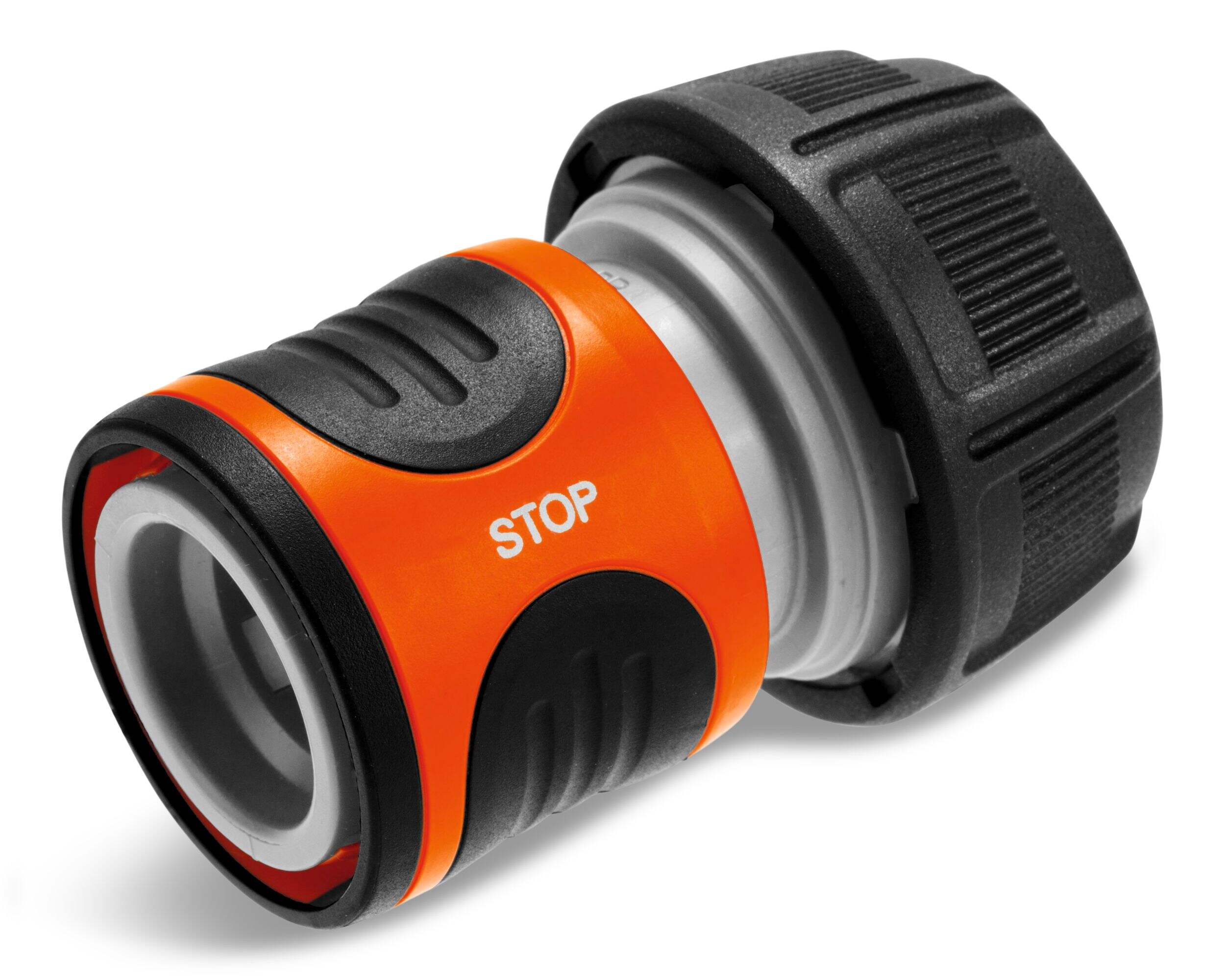 Raccord de réparation de tuyau d’arrosage à embout femelle 5/8 po Gardena avec embout d’arrêt d’eau Back_Angled_Right