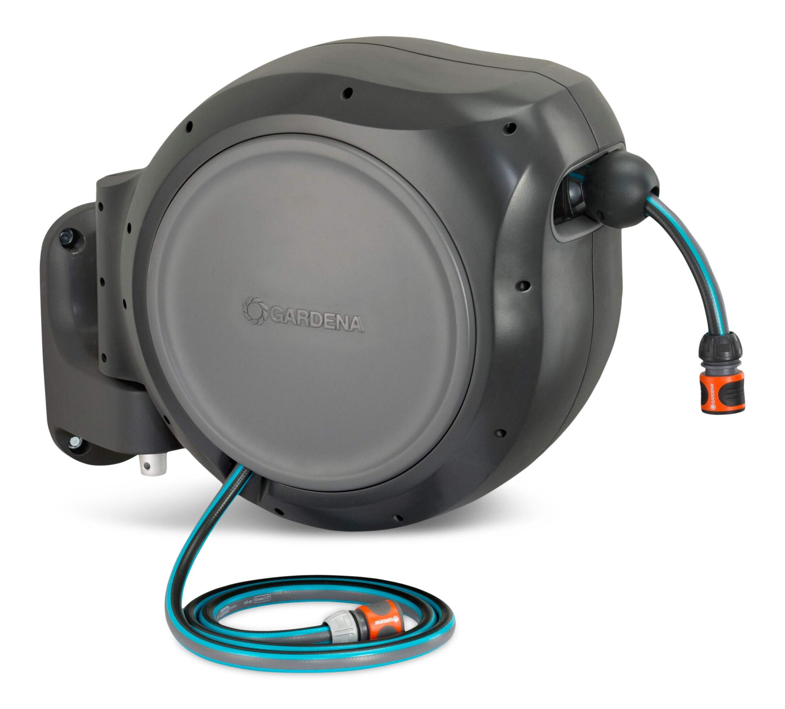 Gardena Wall Mounted Auto Hose Reel with Nozzle, 100-ft Front_Three_Fourths_Angled_Right