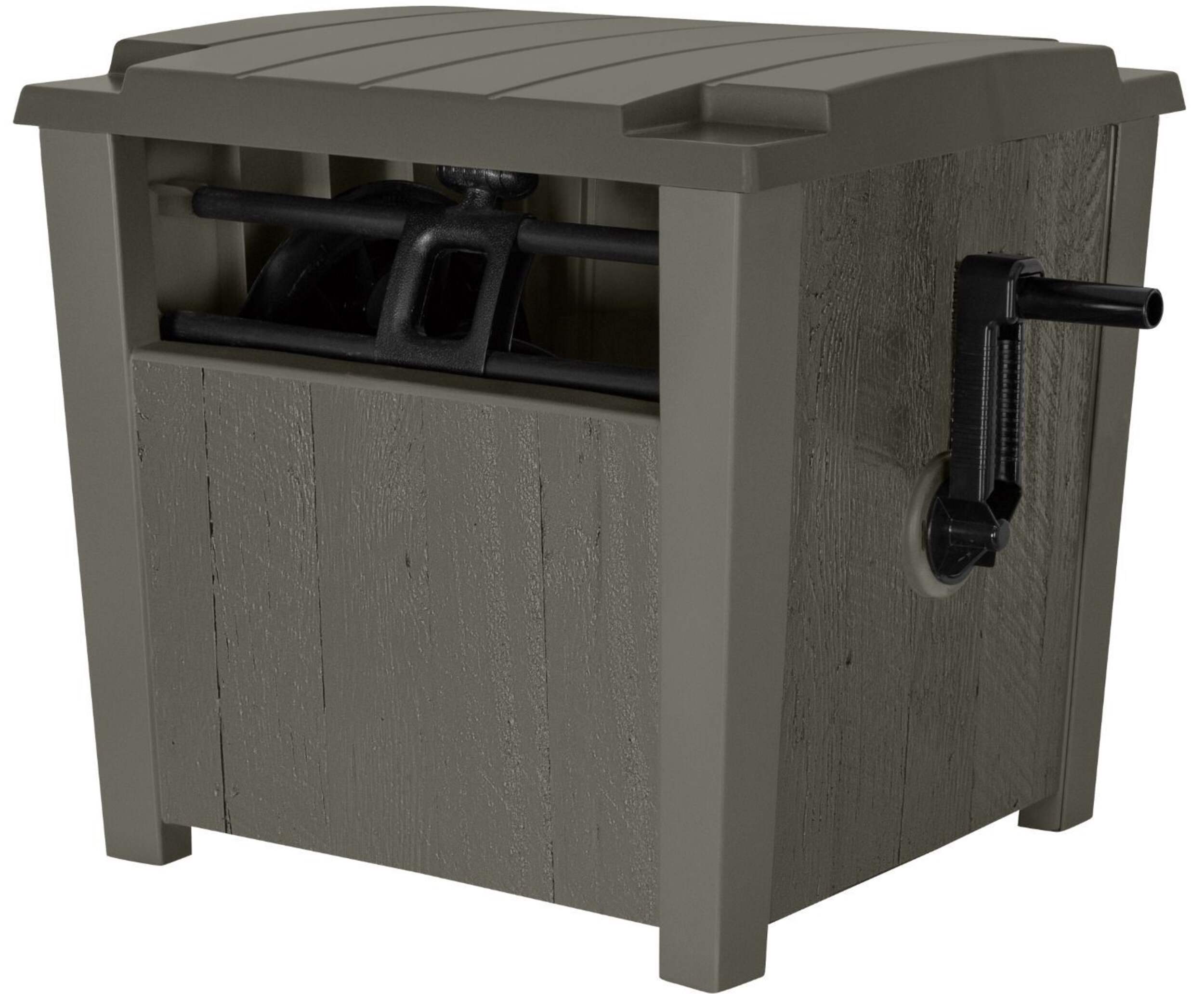 Suncast Farmhouse Resin Garden Hose Reel Hideaway & Storage, 175-ft Hose Capacity Front_Three_Fourths_Angled_Left