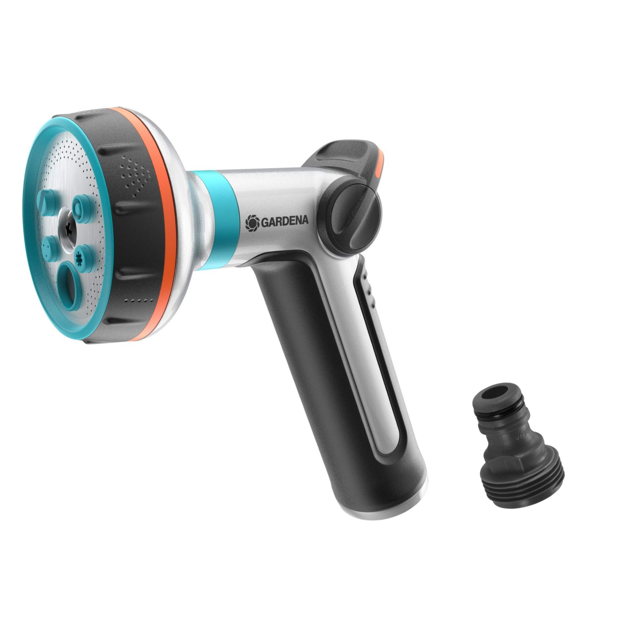 Gardena Elite Metal 6-Pattern Thumb Control Garden Water Hose Spray Nozzle Front_Three_Fourths_Angled_Left
