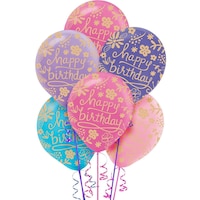 Ballons en latex ronds Happy Birthday, mauve/rose/bleu, floral, 12 po, paq. 20, pour fête d'anniversaire Front_Flat