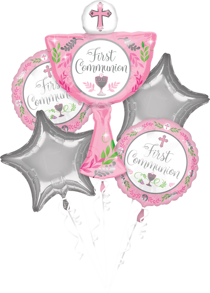First Communion Foil Balloon Bouquet, Helium Inflation Included, Pink