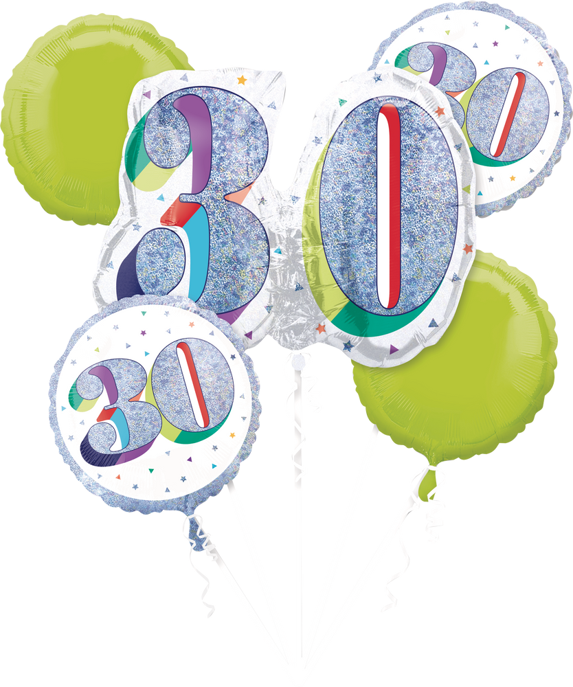 Prismatic Here's to Your 30th Birthday Foil Balloon Bouquet, Helium