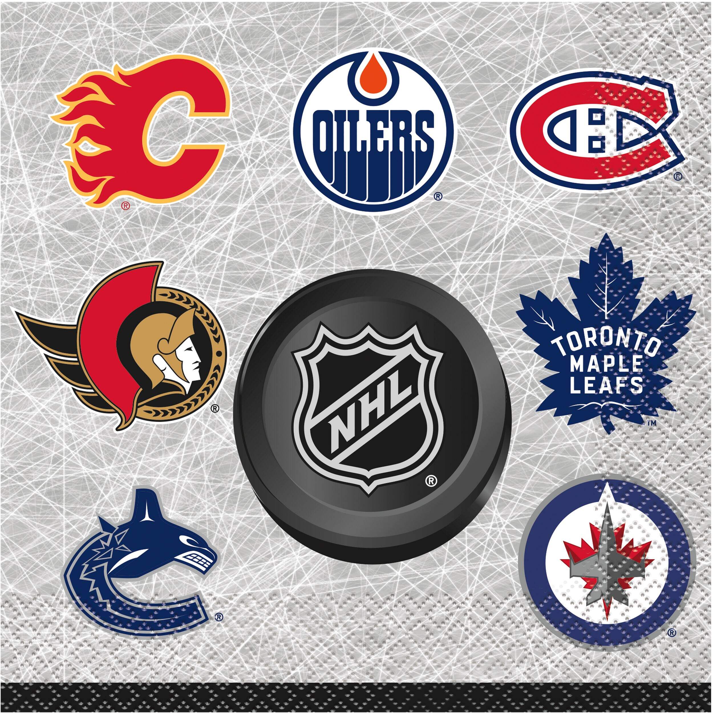National Hockey League NHL Multi Team Square Paper Disposable Lunch Napkins, Grey, 6.5-in, 16-pk, 2-ply, for Sports Party Overhead_Flat