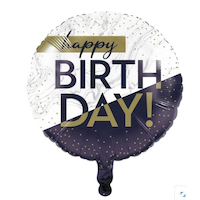 "Happy Birthday" Round Satin Foil Balloon, Navy Blue/White/Gold, 18-in, Helium Inflation & Ribbon Included for Birthday Party Front_Flat