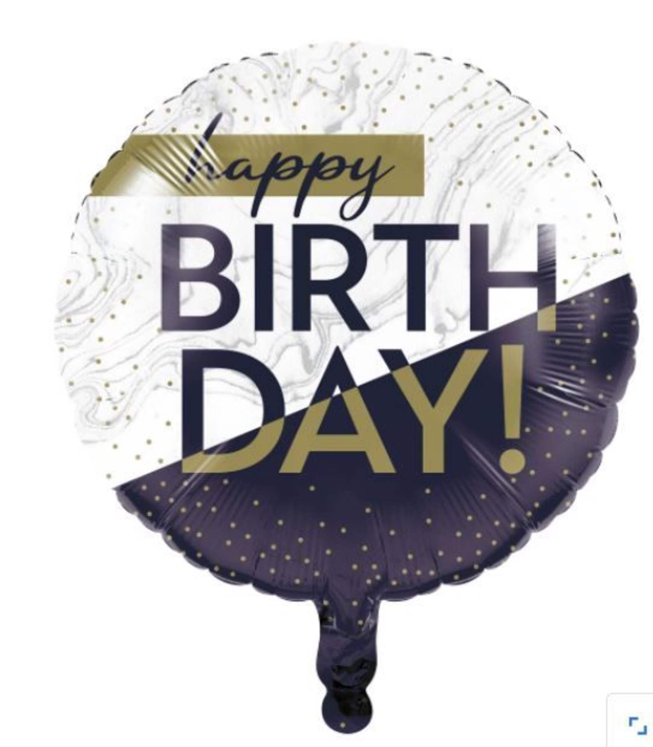 "Happy Birthday" Round Satin Foil Balloon, Navy Blue/White/Gold, 18-in, Helium Inflation & Ribbon Included for Birthday Party Front_Flat