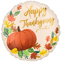 Ballon en aluminium satiné rond Happy Thanksgiving, orange, citrouille et feuilles d'automne, 18 po, gonflement à l'hélium et ruban inclus, pour l'Action de grâce Front_Flat