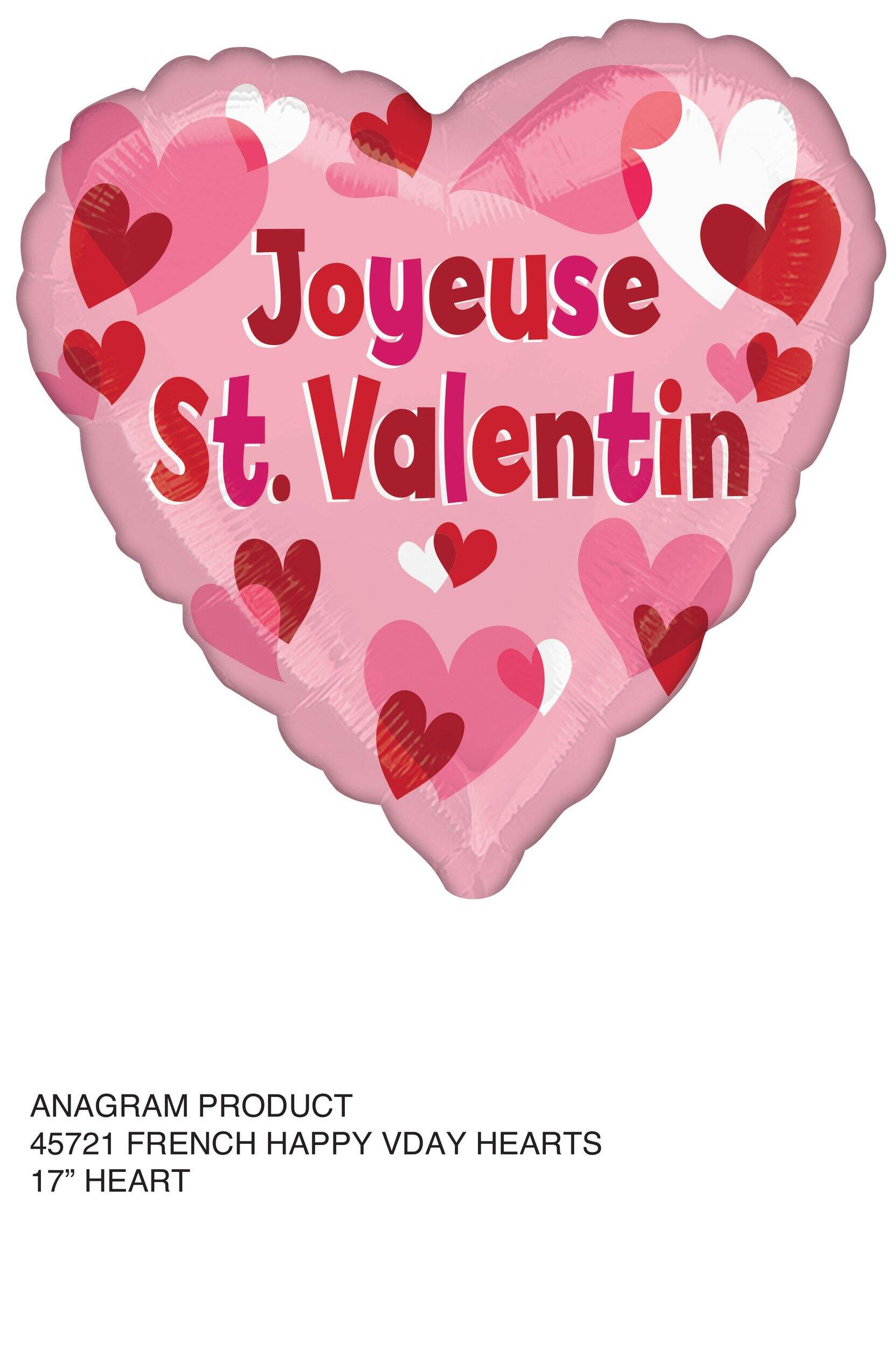 Ballon en aluminium satiné coeur français Joyeuse Saint-Valentin, rose/rouge, 18 po, gonflement à l'hélium et ruban inclus, pour Saint-Valentin Front_Flat
