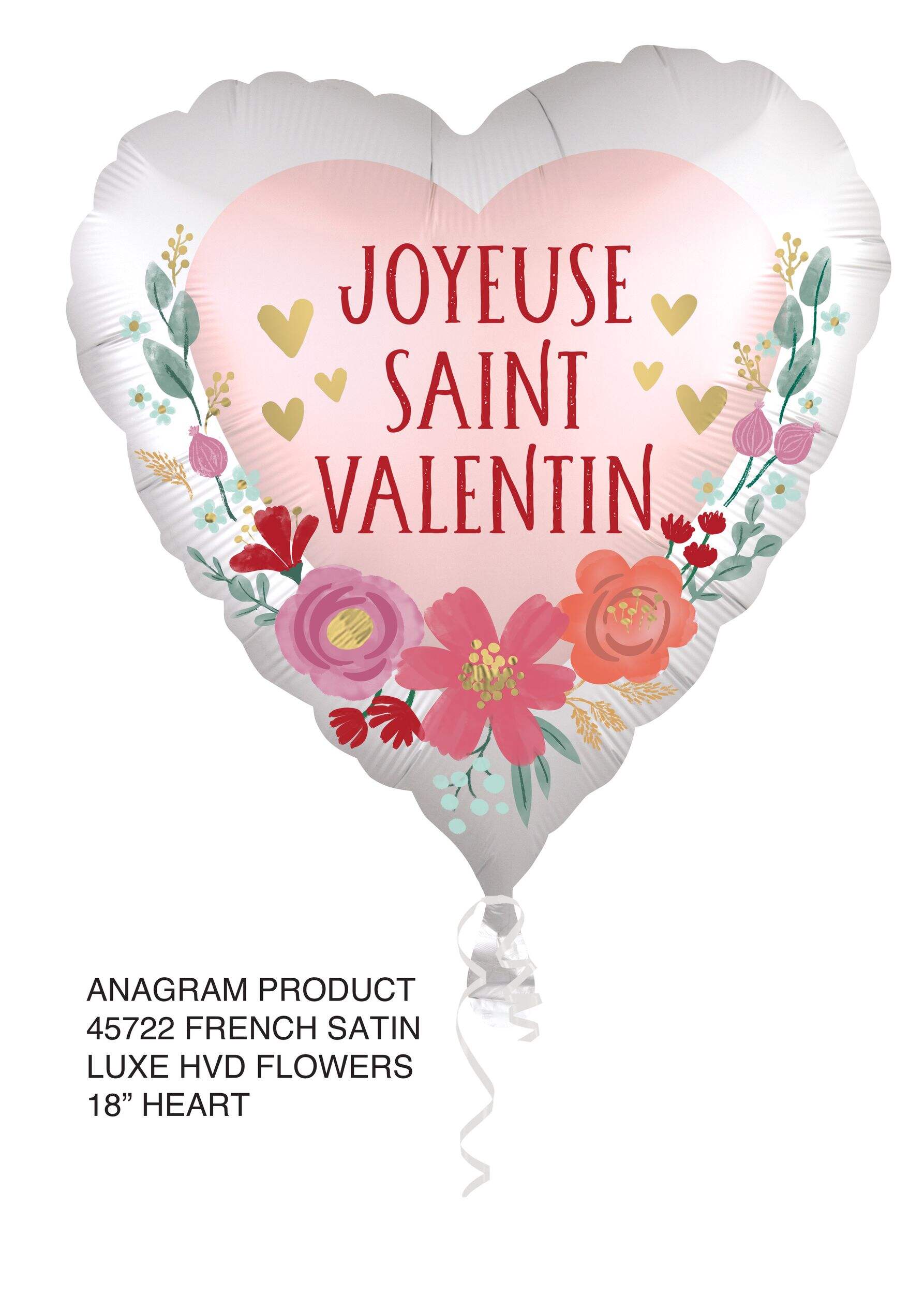 Ballon en aluminium satiné coeur français Joyeuse Saint-Valentin, rose, floral, 18 po, gonflement à l'hélium et ruban inclus, pour Saint-Valentin Front_Flat