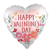 "Happy Valentine's Day" Heart Satin Foil Balloon, Pink/White, Floral, 28-in, Helium Inflation & Ribbon Included for Valentine's Day