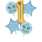 Bouquet de ballons en aluminium satiné étoile/rond 1st Birthday 1, bleu/or, paq. 5, gonflement à l'hélium et ruban inclus, pour fête d'anniversaire Front_Flat