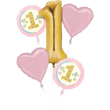 Bouquet de ballons en aluminium satiné étoile/rond 1st Birthday 1, rose/or, paq. 5, gonflement à l'hélium et ruban inclus, pour fête d'anniversaire Front_Flat