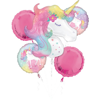 Unicorn Round Satin Foil Balloon Bouquet, Pink/White, 5-pk, Helium Inflation & Ribbon Included for Birthday Party Front_Flat