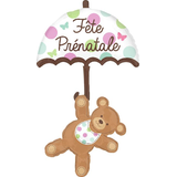 Ballon en aluminium satiné ourson et parapluie français Fête Prénatale, brun/blanc, à pois, 49 po, gonflement à l'hélium et ruban inclus, pour fête prénatale Front_Flat