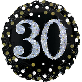 Ballon en aluminium satiné rond célébration étincelante 30, noir/or, à pois, 18 po, gonflement à l'hélium et ruban inclus, pour fête d'anniversaire Front_Flat