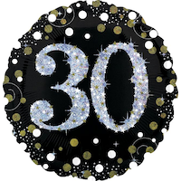 Sparkling Celebration "30" Round Satin Foil Balloon, Black/Gold, Polka Dot, 18-in, Helium Inflation & Ribbon Included for Birthday Party Front_Flat