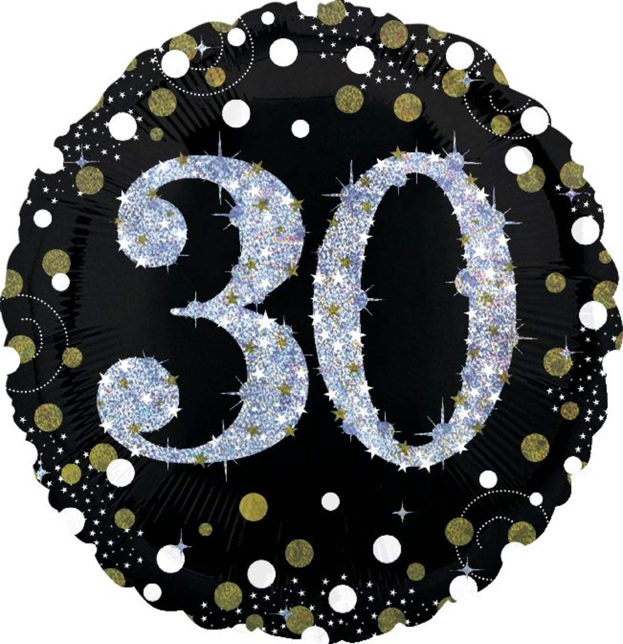Sparkling Celebration "30" Round Satin Foil Balloon, Black/Gold, Polka Dot, 18-in, Helium Inflation & Ribbon Included for Birthday Party Front_Flat